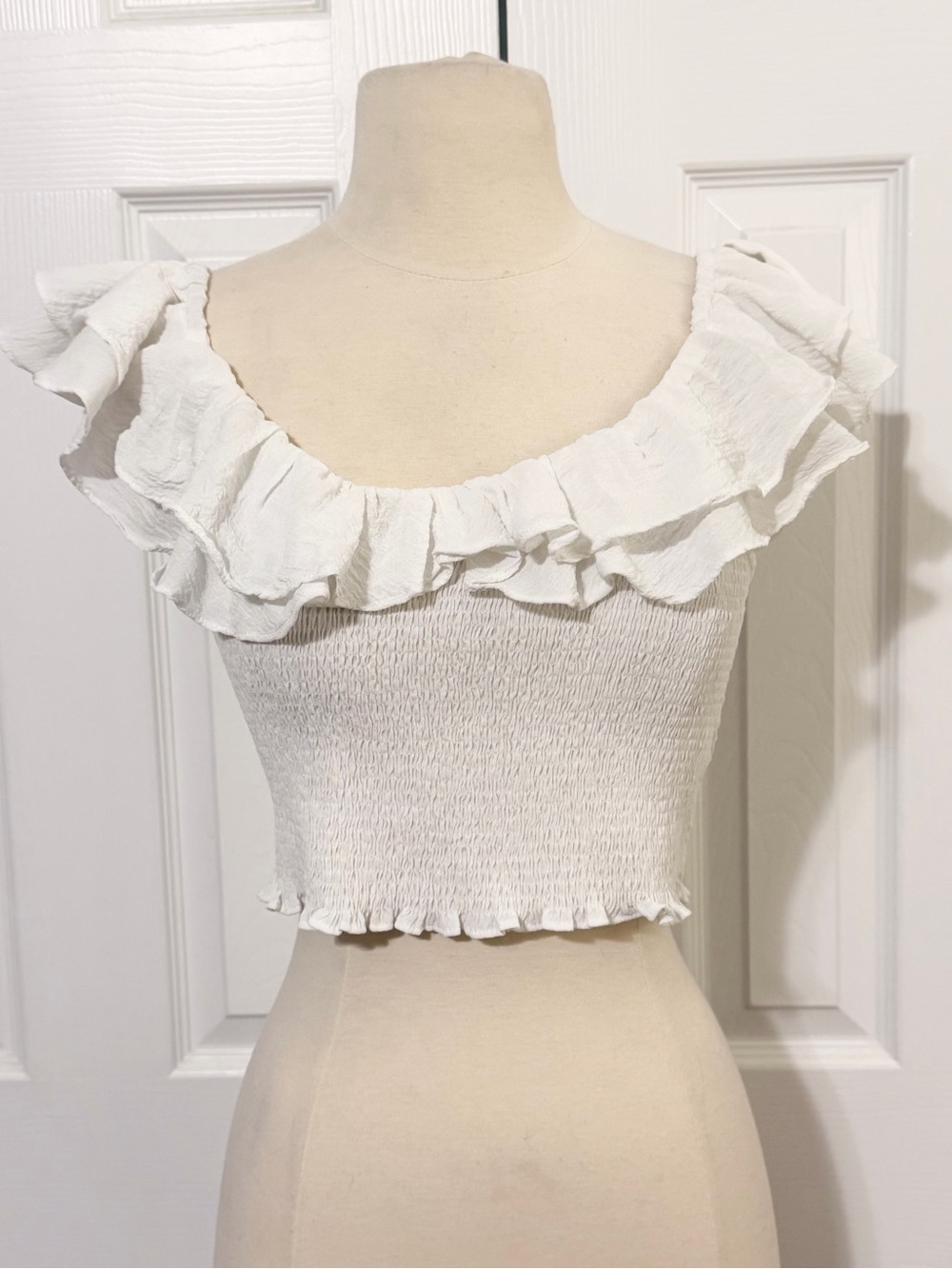 American Threads White Ruffle Smocked Crop Top